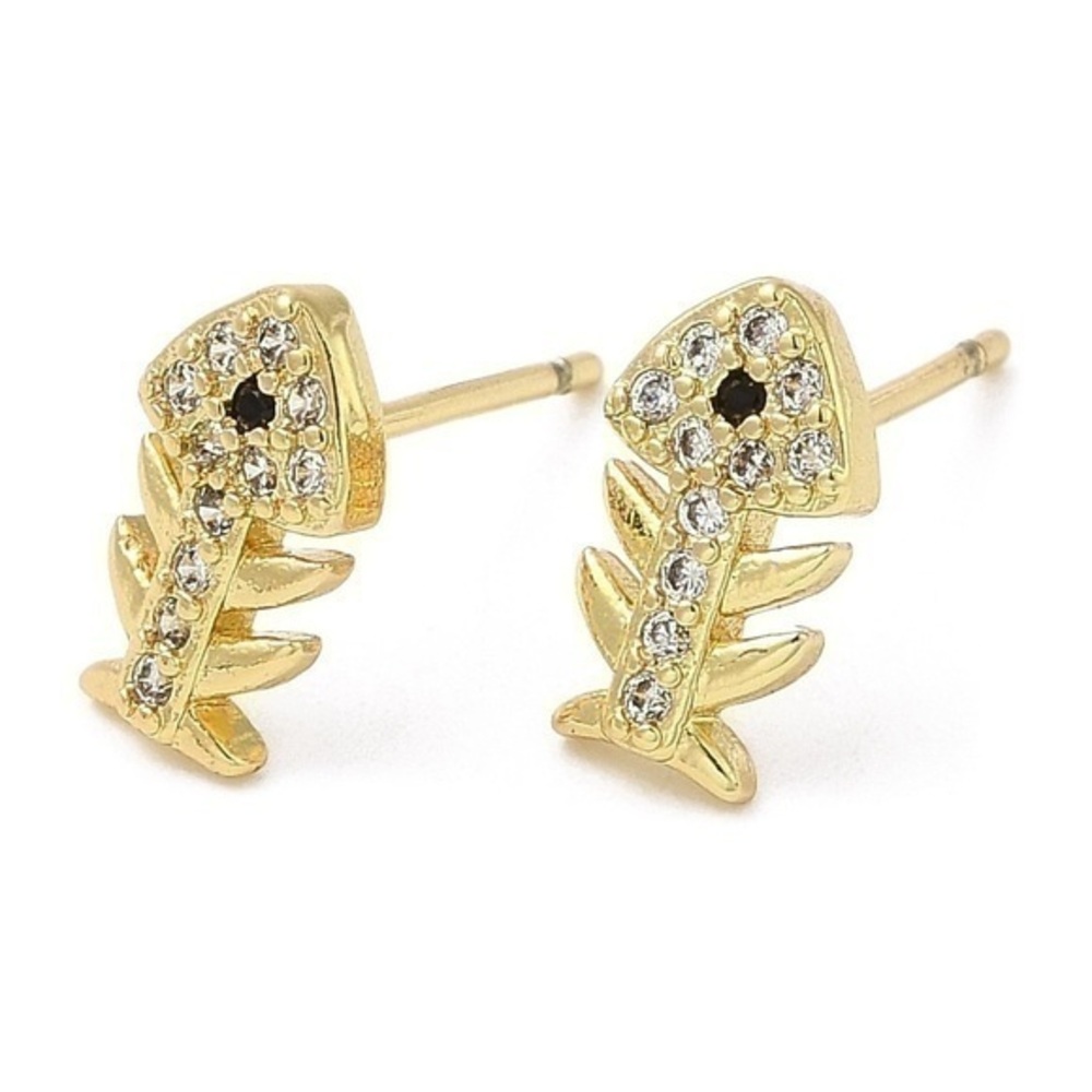 Gold‎ Tone CZ Fishbone Stud Earrings Women